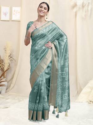 Dusty Teal Cotton Silk Batik Block Print Border Tassels Saree With Unstitched Blouse Piece 2