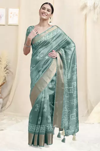 Dusty Teal Cotton Silk Batik Block Print Border Tassels Saree With Unstitched Blouse Piece