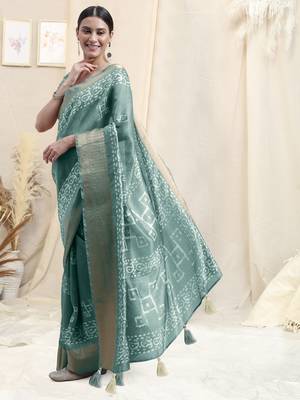 Dusty Teal Cotton Silk Batik Block Print Border Tassels Saree With Unstitched Blouse Piece 3