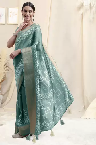 Dusty Teal Cotton Silk Batik Block Print Border Tassels Saree With Unstitched Blouse Piece