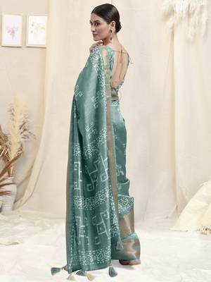 Dusty Teal Cotton Silk Batik Block Print Border Tassels Saree With Unstitched Blouse Piece 4