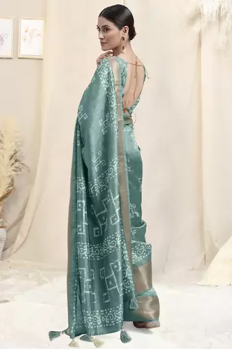 Dusty Teal Cotton Silk Batik Block Print Border Tassels Saree With Unstitched Blouse Piece