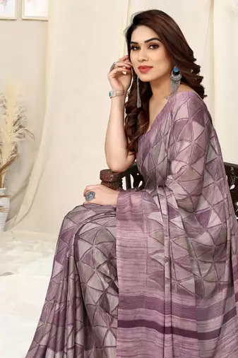 Dusty pink chiffon geometric print stripe print saree with unstitched blouse piece