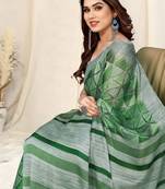 Green Chiffon Geometric Print Stripe Print Saree With Unstitched Blouse Piece