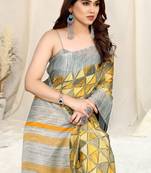 Yellow Chiffon Geometric Print Stripe Print Saree With Unstitched Blouse Piece