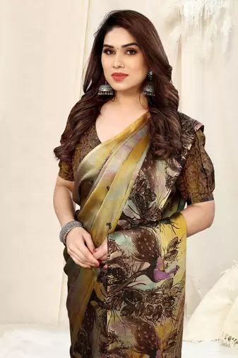 Brown chiffon peocock print abstric print saree with unstitched blouse piece