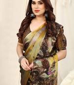 Brown chiffon peocock print abstric print saree with unstitched blouse piece