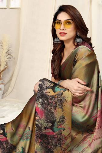 Maroon Chiffon Peocock Print Abstric Print Saree With Unstitched Blouse Piece