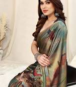 Navy blue chiffon peocock print abstric print saree with unstitched blouse piece