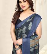 Navy Blue Chiffon Floral Print Saree With Unstitched Blouse Piece