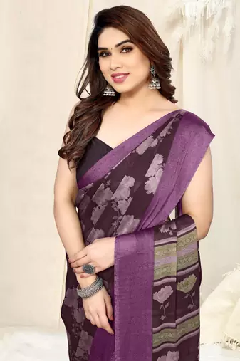 Wine Chiffon Floral Print Saree With Unstitched Blouse Piece