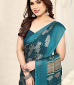 Turquoise chiffon floral print saree with unstitched blouse piece