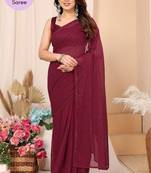 Maroon Embroidered Georgette Ready To Wear Saree With Blouse