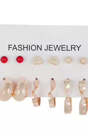 Wo  Set of 6 Rose-Gold-Plated Pear-Beaded Hoop Earrings