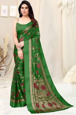 Green Chiffon Floral Print Saree With Unstitched Blouse Piece 1