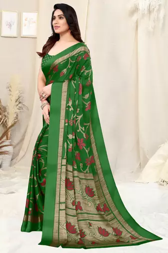Green Chiffon Floral Print Saree With Unstitched Blouse Piece