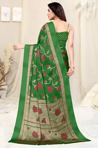Green Chiffon Floral Print Saree With Unstitched Blouse Piece