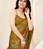 Mustard Chiffon Floral Print Saree With Unstitched Blouse Piece