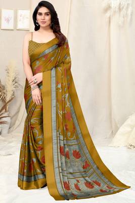 Mustard Chiffon Floral Print Saree With Unstitched Blouse Piece 2