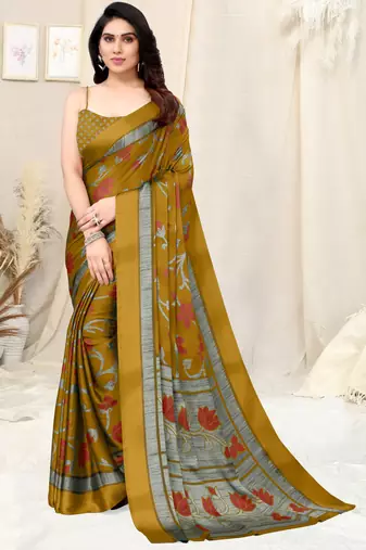 Mustard Chiffon Floral Print Saree With Unstitched Blouse Piece