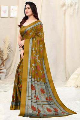 Mustard Chiffon Floral Print Saree With Unstitched Blouse Piece 3