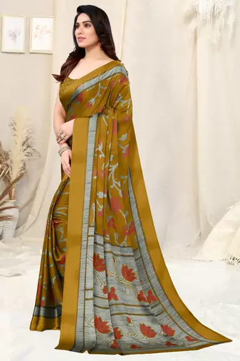 Mustard Chiffon Floral Print Saree With Unstitched Blouse Piece