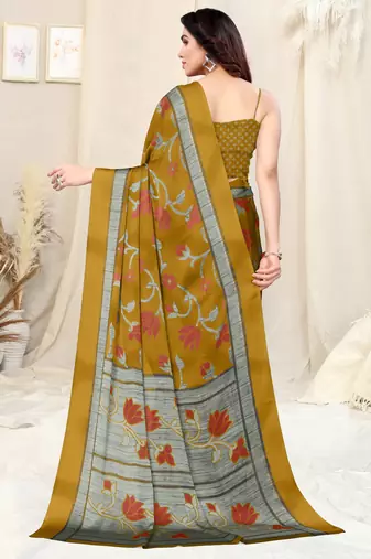 Mustard Chiffon Floral Print Saree With Unstitched Blouse Piece