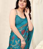 Turquoise Chiffon Floral Print Saree With Unstitched Blouse Piece