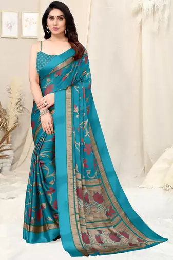 Turquoise Chiffon Floral Print Saree With Unstitched Blouse Piece