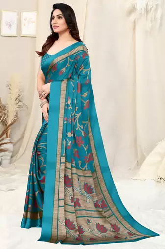 Turquoise Chiffon Floral Print Saree With Unstitched Blouse Piece
