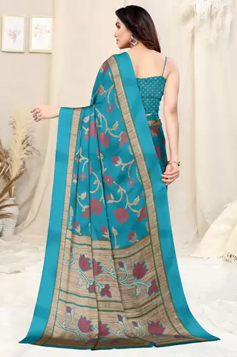 Turquoise Chiffon Floral Print Saree With Unstitched Blouse Piece