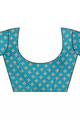 Turquoise Chiffon Floral Print Saree With Unstitched Blouse Piece