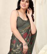Dark Grey Chiffon Floral Print Saree With Unstitched Blouse Piece