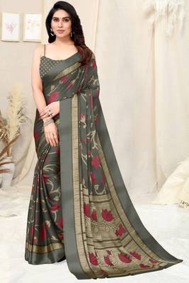 Dark Grey Chiffon Floral Print Saree With Unstitched Blouse Piece 2