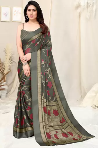 Dark Grey Chiffon Floral Print Saree With Unstitched Blouse Piece