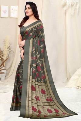 Dark Grey Chiffon Floral Print Saree With Unstitched Blouse Piece 3