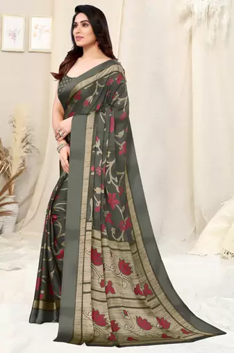 Dark Grey Chiffon Floral Print Saree With Unstitched Blouse Piece