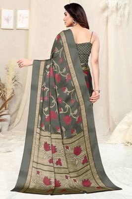 Dark Grey Chiffon Floral Print Saree With Unstitched Blouse Piece 4