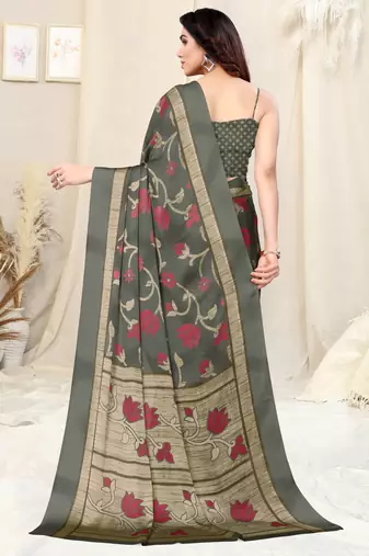 Dark Grey Chiffon Floral Print Saree With Unstitched Blouse Piece