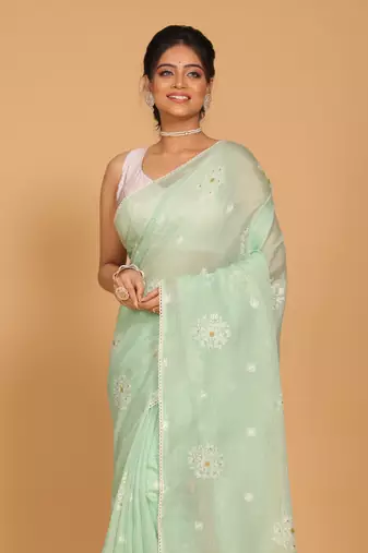 Kota embroidery sarees(Lime Green)