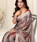 Light Brown Chiffon Floral Print Saree With Unstitched Blouse Piece