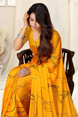 Yellow Chiffon Geometric Print Saree With Unstitched Blouse Piece 1