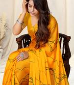 Yellow Chiffon Geometric Print Saree With Unstitched Blouse Piece