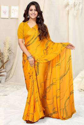 Yellow Chiffon Geometric Print Saree With Unstitched Blouse Piece 2