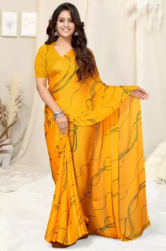Yellow Chiffon Geometric Print Saree With Unstitched Blouse Piece