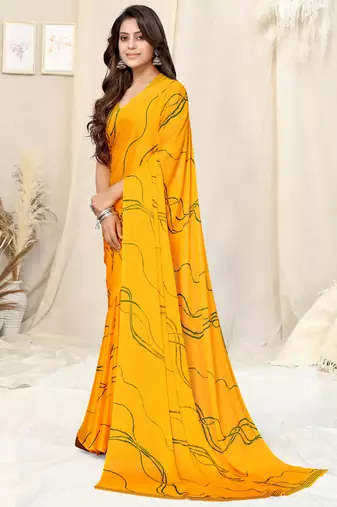 Yellow Chiffon Geometric Print Saree With Unstitched Blouse Piece