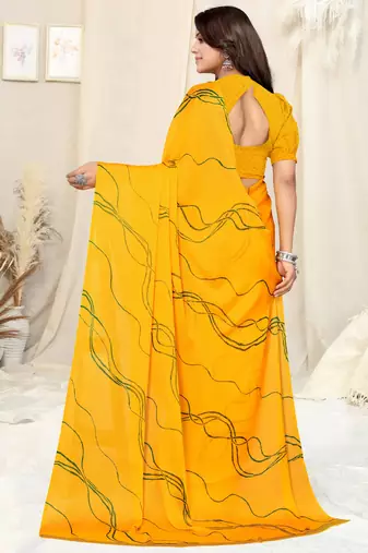 Yellow Chiffon Geometric Print Saree With Unstitched Blouse Piece