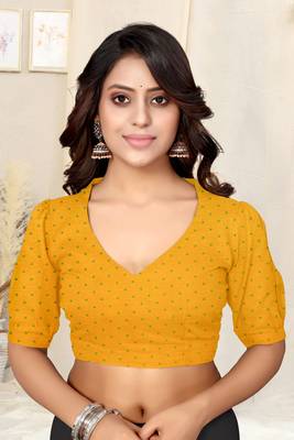Yellow Chiffon Geometric Print Saree With Unstitched Blouse Piece 5