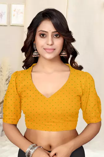 Yellow Chiffon Geometric Print Saree With Unstitched Blouse Piece