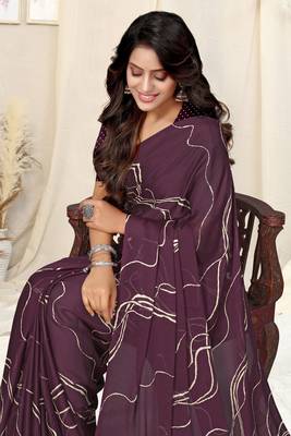 Wine Chiffon Geometric Print Saree With Unstitched Blouse Piece 1